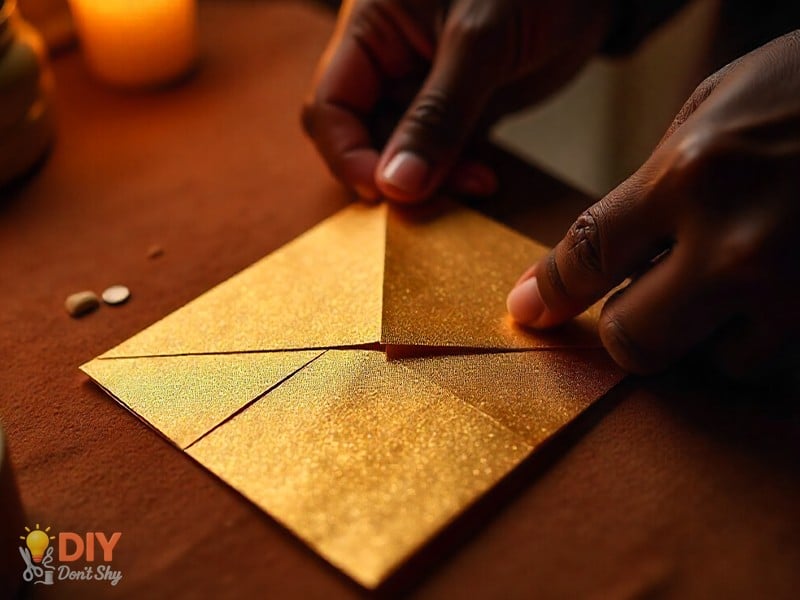 Folding square paper into a triangle for paper snowflake craft.