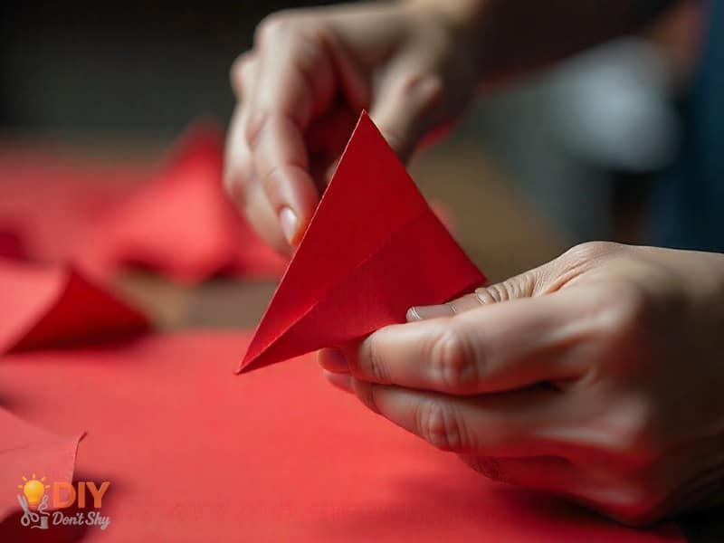 Folding top corners of paper into triangle shape for paper hat.