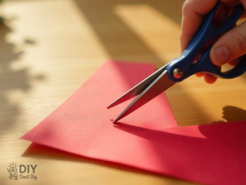 Cutting small patterns along folded paper triangle for snowflake.