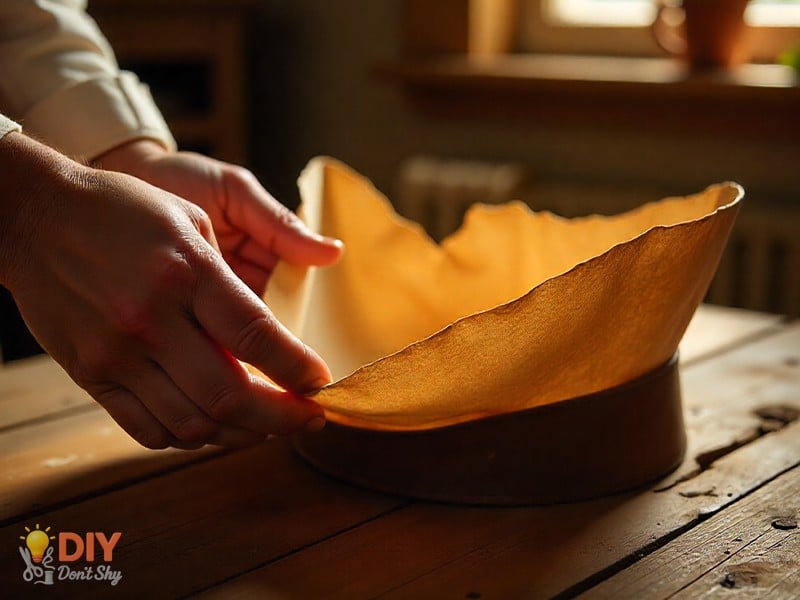 Folding bottom edges upward to form paper hat brim.