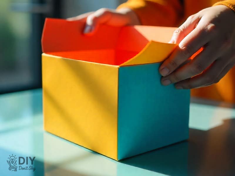 Tucking corners inside to form a rectangular paper box.