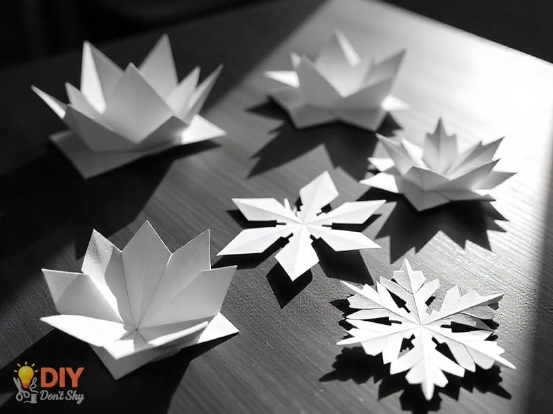 Multiple paper pieces folded and rolled for making a 3D snowflake.