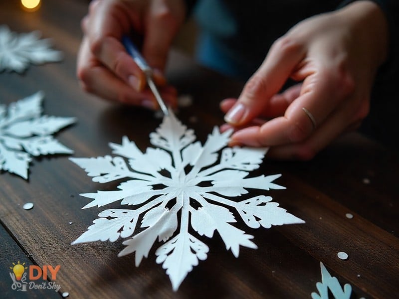 Gluing six paper pieces together to form a 3D paper snowflake.