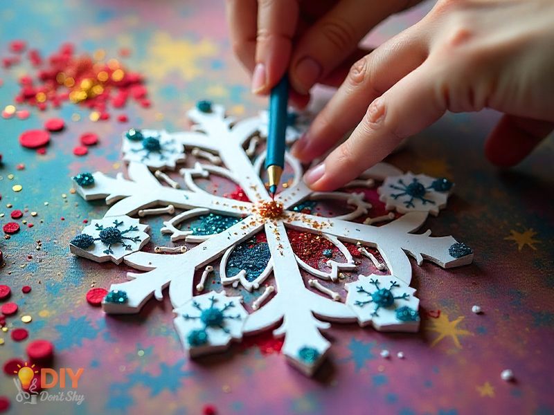 Decorating paper snowflake with glitter and markers for winter craft.