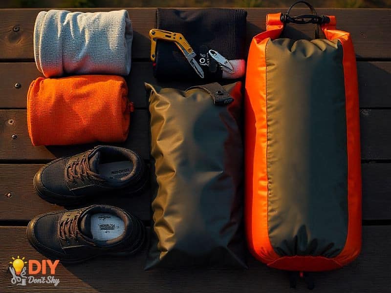 Compact camping gear with rolled clothes, compression sack, and night essentials bag for smart tent packing.