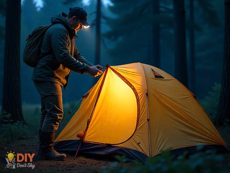 Camper using quick tent setup method with headlamp for fast and easy pitching at night.