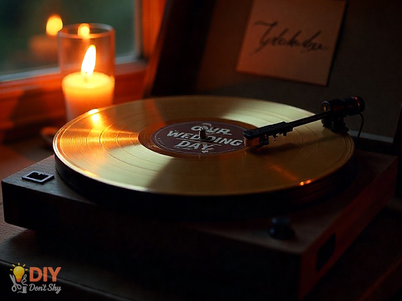 Golden vinyl record as a creative 50th wedding anniversary gift idea.