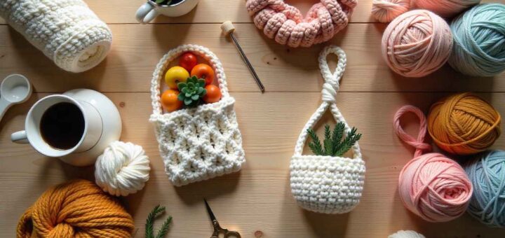 Handmade crochet gifts like coffee sleeve, plant hanger, and headband arranged with yarn and crochet tools on a wooden table.
