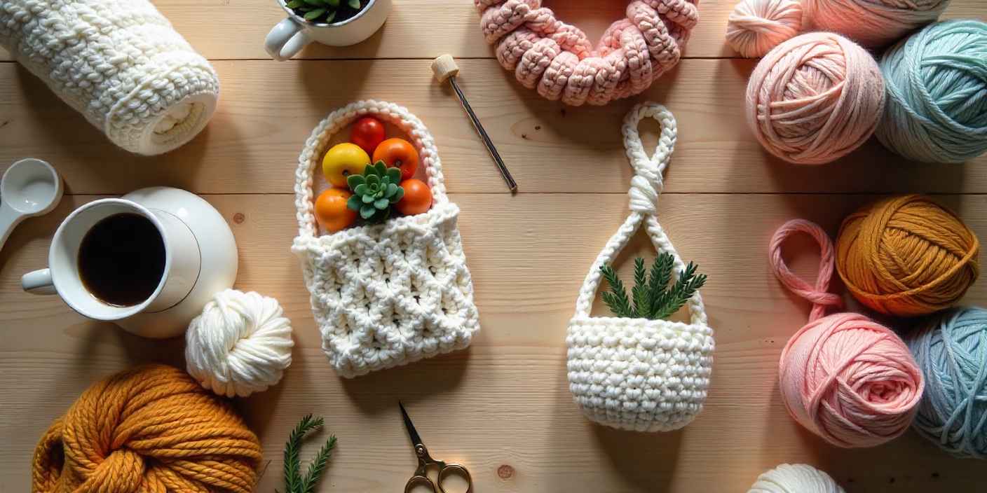 Handmade crochet gifts like coffee sleeve, plant hanger, and headband arranged with yarn and crochet tools on a wooden table.