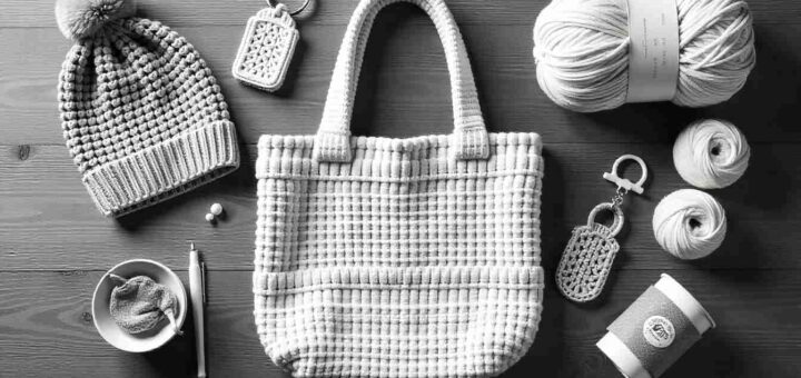 Handmade crochet gift ideas for friends including beanie, tote, coffee sleeve, and keychain arranged with yarn and hooks.