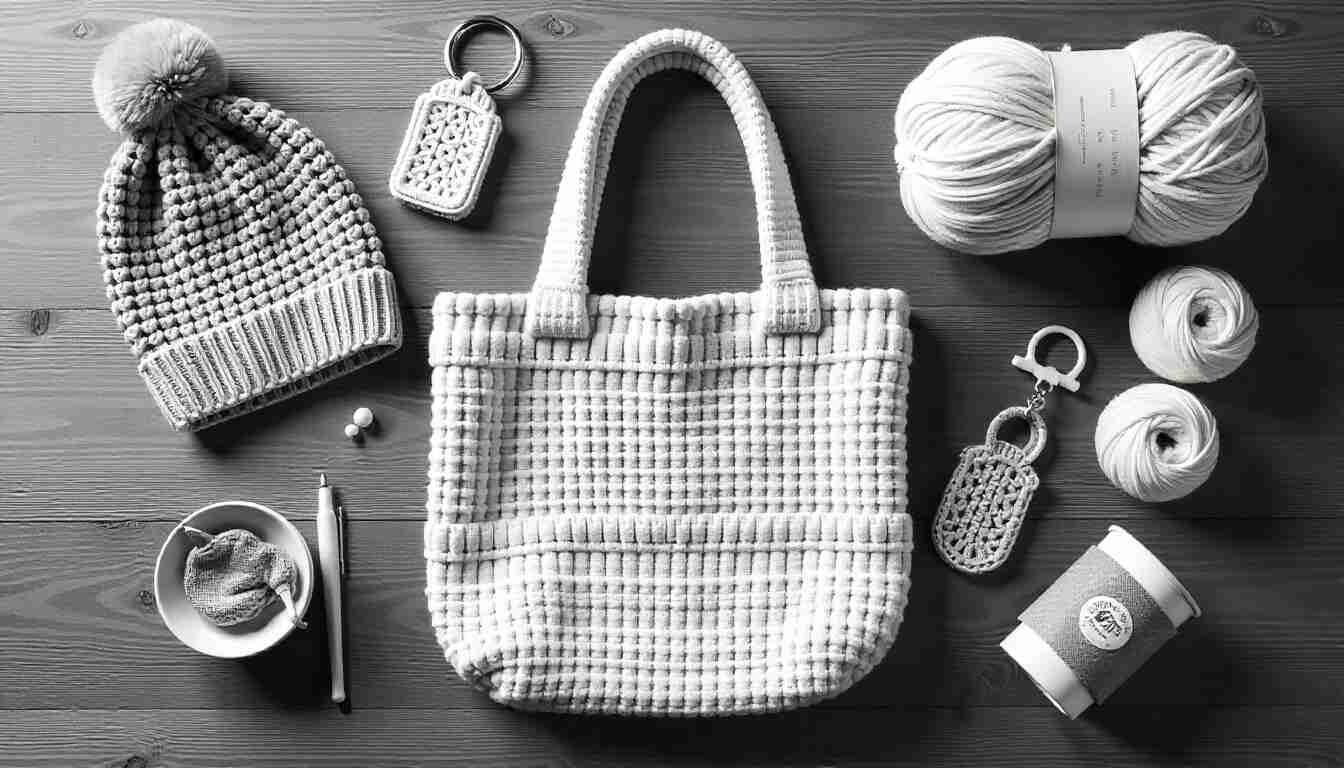 Handmade crochet gift ideas for friends including beanie, tote, coffee sleeve, and keychain arranged with yarn and hooks.