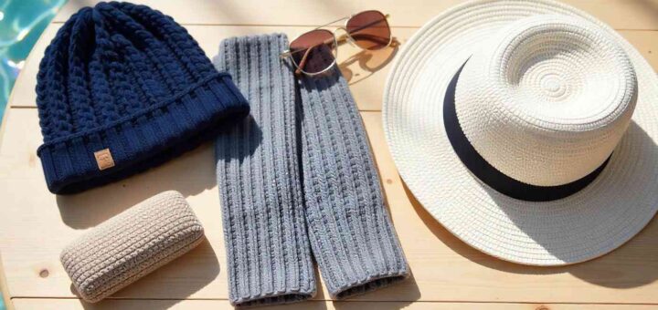 Handmade crochet gift ideas for men with beanie, sunglass case, wrist warmers, and cotton hat displayed on a wooden surface.