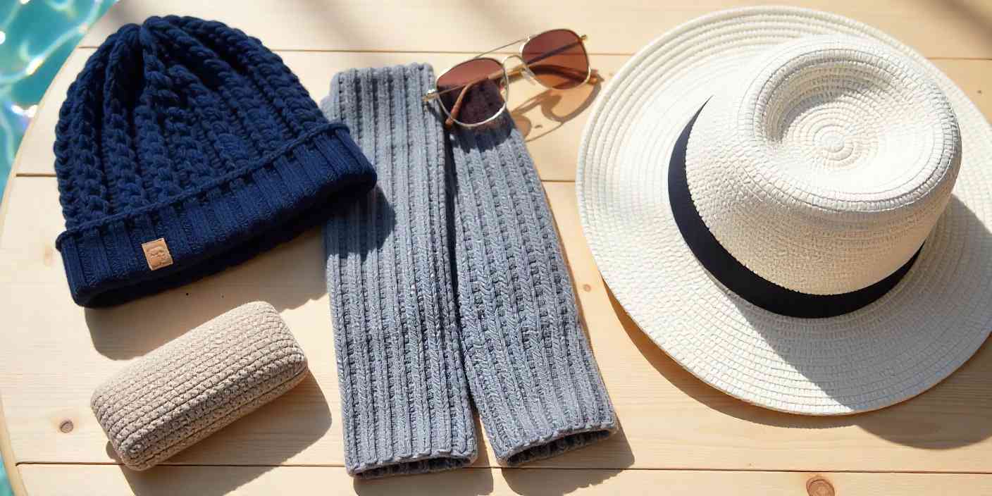 Handmade crochet gift ideas for men with beanie, sunglass case, wrist warmers, and cotton hat displayed on a wooden surface.