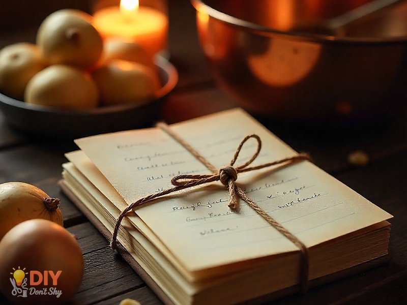 DIY handwritten recipe book tied with ribbon as a thoughtful anniversary gift for parents.