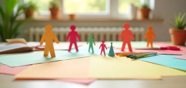 paper action figures and craft supplies on table for kids indoor activity