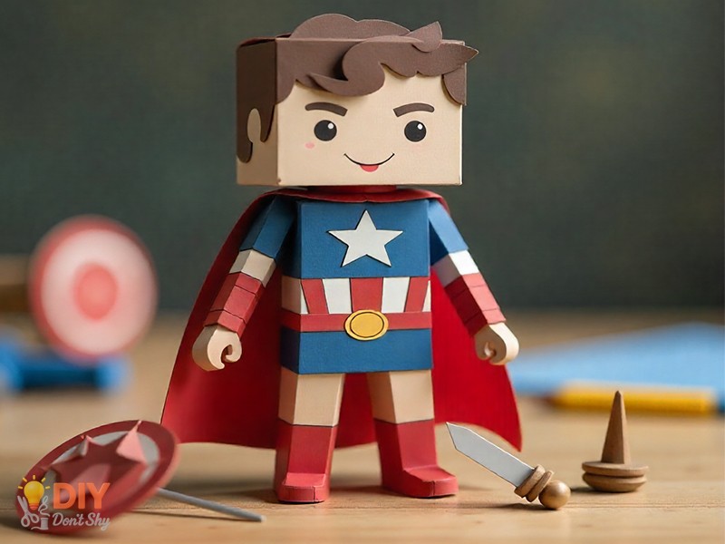 Finished paper superhero with handmade shield and sword beside art tools on a craft desk.