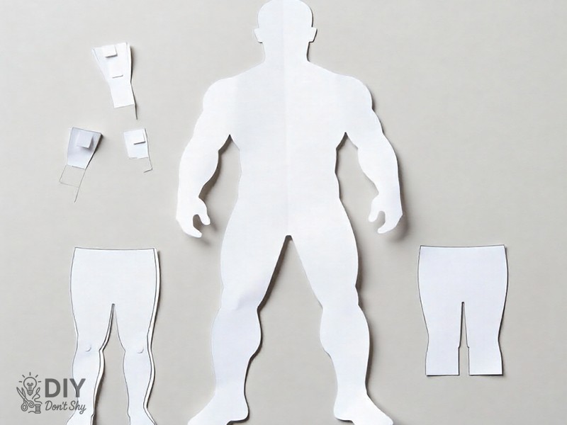 Paper superhero parts with folded tabs for attaching arms and legs during craft assembly.