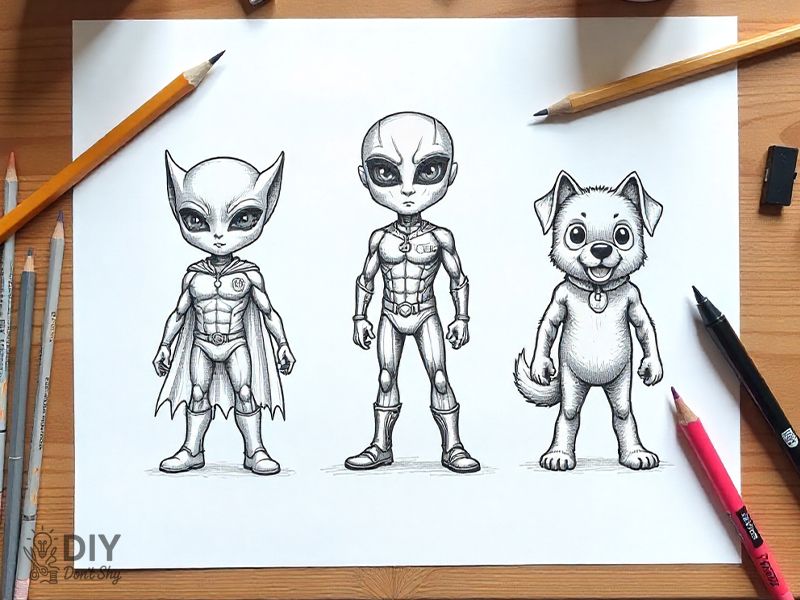 Sketch ideas for paper heroes including a superhero, alien, and pet dog hero on a craft table.
