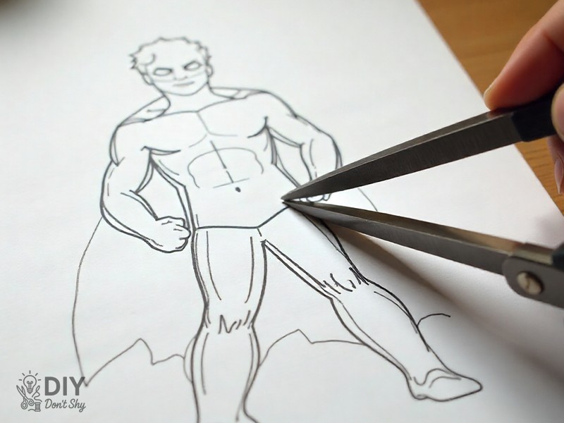 Cutting out the superhero paper figure along pencil lines with scissors on a craft table.