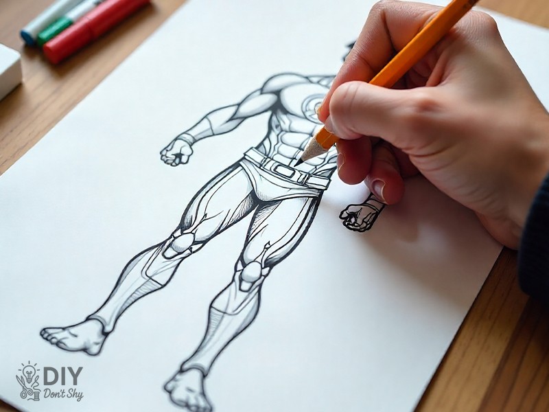 Drawing the main body outline of a paper superhero using pencil and ruler on a white sheet.