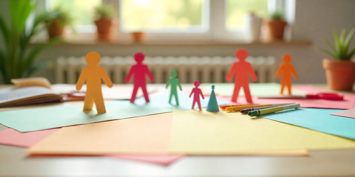 paper action figures and craft supplies on table for kids indoor activity