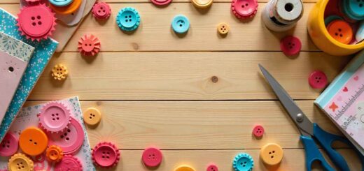 Handmade paper buttons on a craft table with scissors, patterned papers, and crafting tools.