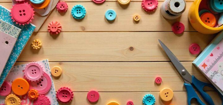 Handmade paper buttons on a craft table with scissors, patterned papers, and crafting tools.