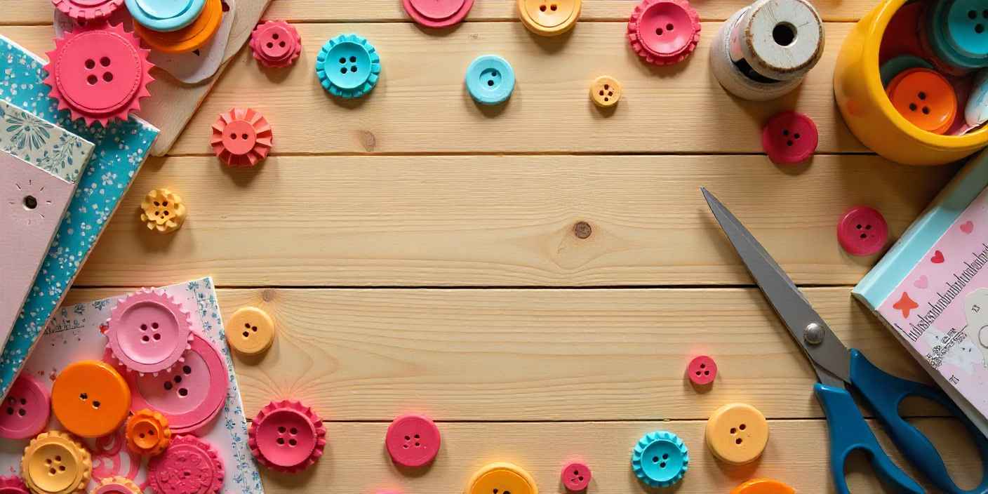 Handmade paper buttons on a craft table with scissors, patterned papers, and crafting tools.