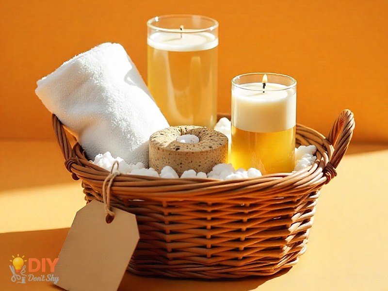 Spa basket with bath salts, tea, and candles as a quick anniversary gift for parents.