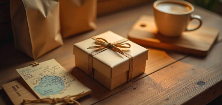 A small wrapped engagement gift surrounded by creative last-minute handmade presents on a wooden table.