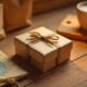 A small wrapped engagement gift surrounded by creative last-minute handmade presents on a wooden table.
