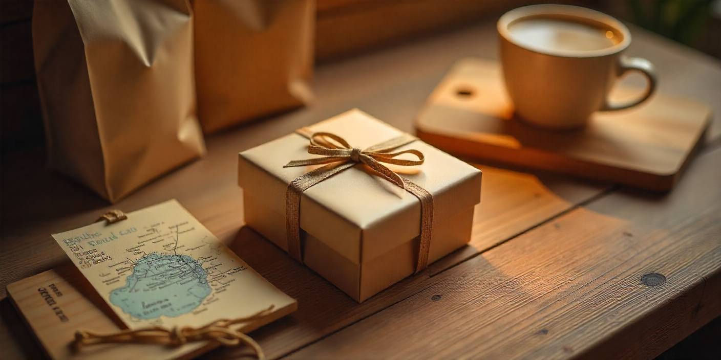 A small wrapped engagement gift surrounded by creative last-minute handmade presents on a wooden table.
