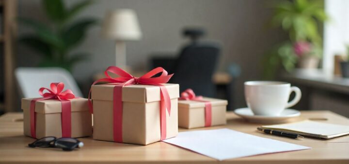 Birthday gifts arranged on an office desk with coffee cup and ribbon for last-minute coworker gifts article.