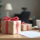 Birthday gifts arranged on an office desk with coffee cup and ribbon for last-minute coworker gifts article.