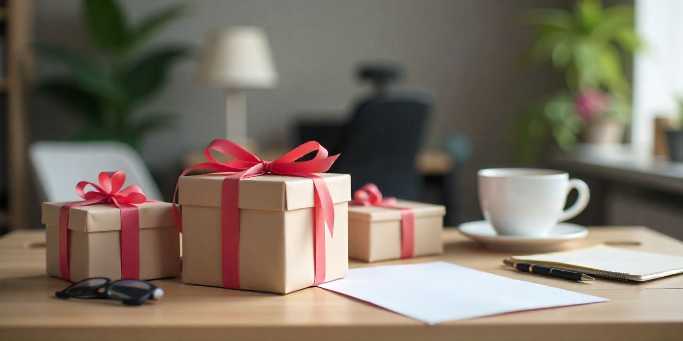 Birthday gifts arranged on an office desk with coffee cup and ribbon for last-minute coworker gifts article.