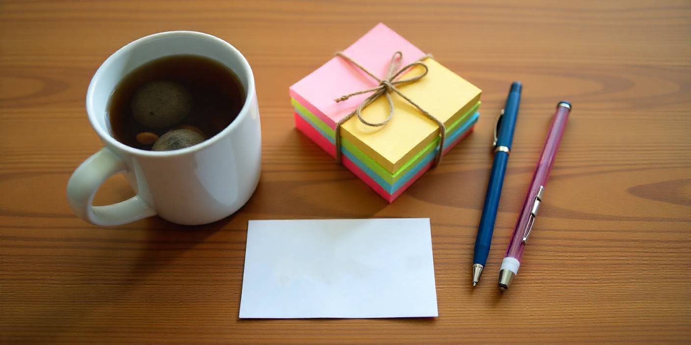 Neatly arranged last-minute teacher gifts with coffee mug, sticky notes, and thank-you card on wooden desk.