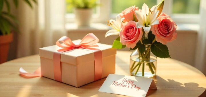 Last-minute Mother’s Day gift arrangement with flowers, gift box, and handwritten card.