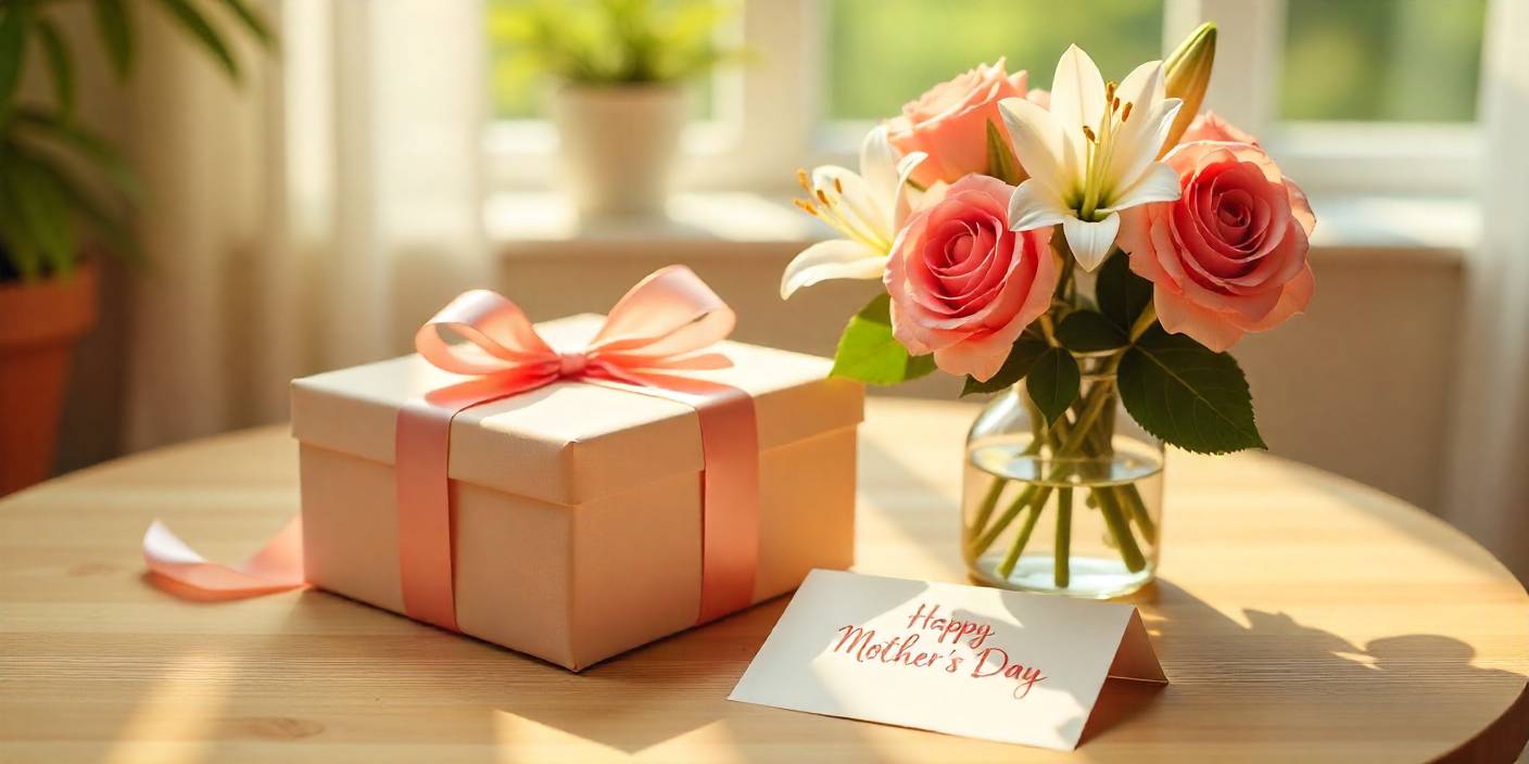 Last-minute Mother’s Day gift arrangement with flowers, gift box, and handwritten card.
