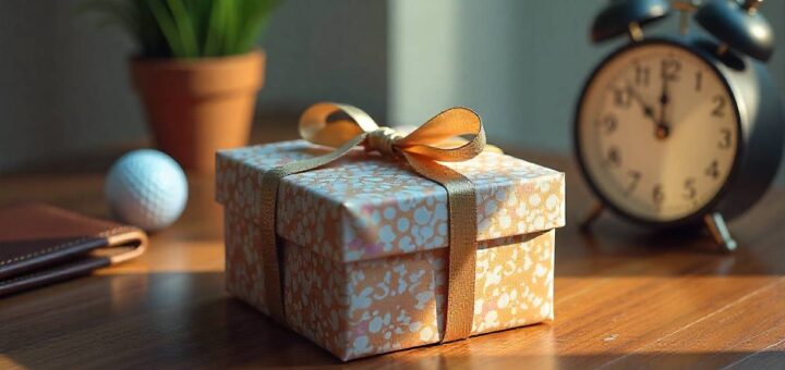 Thoughtful last-minute retirement gift box with clock and personal items on desk.