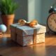 Thoughtful last-minute retirement gift box with clock and personal items on desk.