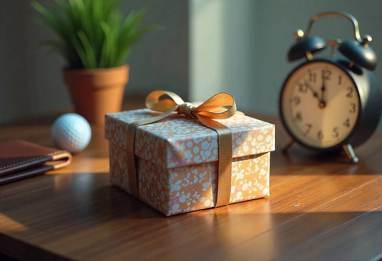 Thoughtful last-minute retirement gift box with clock and personal items on desk.