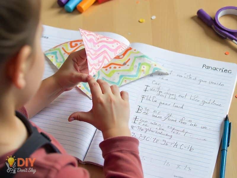 Student preparing a small toy parachute beside project notes for a school science assignment.
