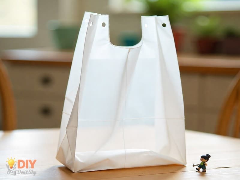 Plastic bag toy parachute with equal strings attached, ready for testing.