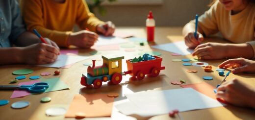 Realistic homemade paper train craft in progress with hands cutting and gluing paper on a family table.