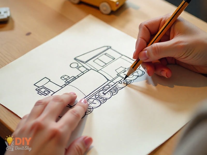 Hands drawing a paper train outline with pencil and ruler on colored construction paper.