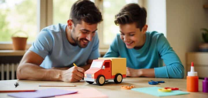 Father and son making a colorful paper truck together using paper, glue, and scissors during a fun DIY craft project.