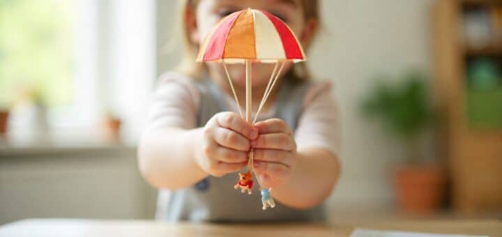 Realistic homemade toy parachute made from fabric and string, shown in action during a home science activity.