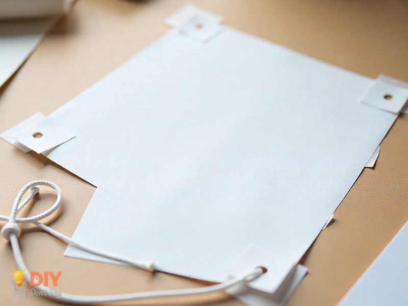 Paper toy parachute with reinforced corners and equal strings prepared for assembly. 