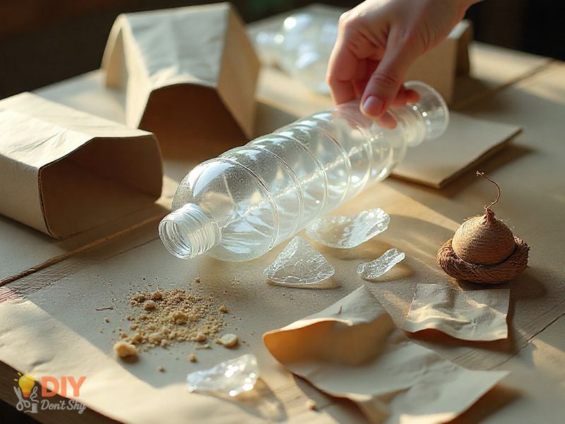 Recycled household materials arranged for making an easy DIY bird feeder.