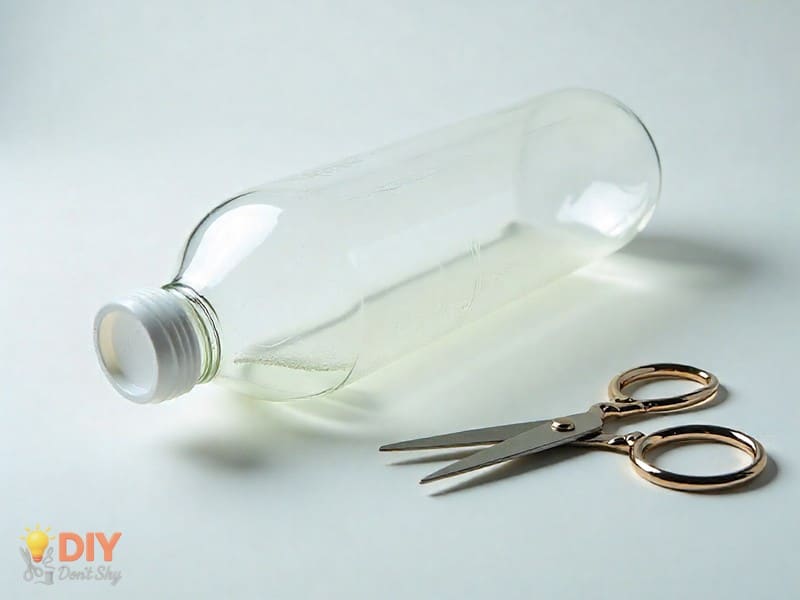 Plastic bottle with two openings cut in the middle, ready for assembly as a bird feeder.